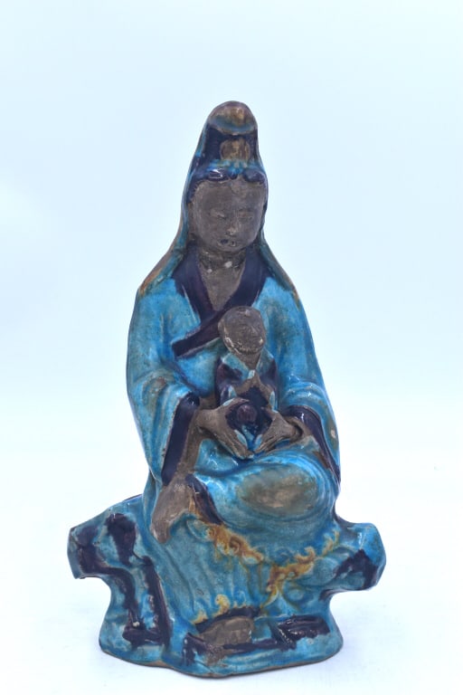 Asian Deity Porcelain Statue: 12 inches tall by 6.5 inches wide, no damage, marking on bottom, please see photos.