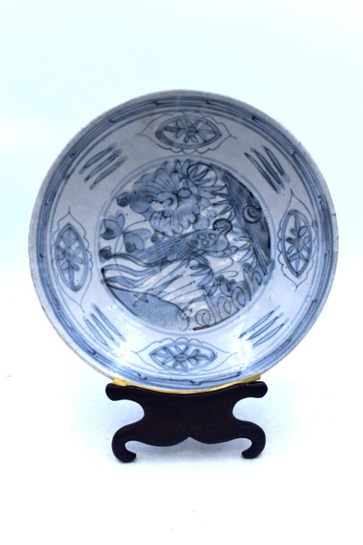 Asian Hand-Painted Plate w/stand: 11 inches tall by 9.5 inches wide, no damage, stick on back, please see photos.