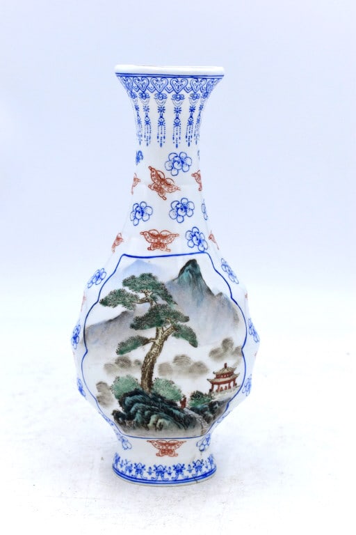 Eggshell Porcelain Asian Vase: 10.25 inches tall by 4.5 inches wide, no damage, stamped on bottom, please see photos.