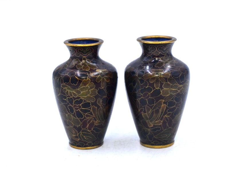 Pair of Small Asian Enameled Vases: 3 inches tall by 2 inches wide, no damage, unmarked, please see photos.
