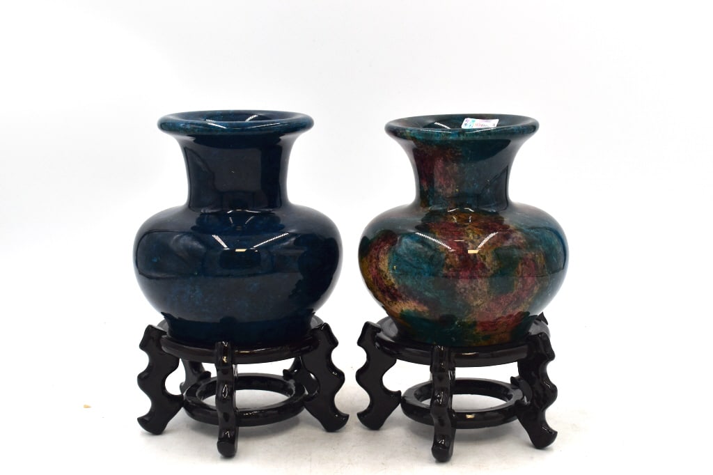 Pair of Glazed Asian Vases w/ Stands: 7.5 inches tall by 5 inches wide, no damage, stickers on rim and bottom, please see photos.