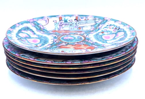 Imari Plates set of 6: 10 inches wide by .5 inches tall, stamped on bottoms, no damage, please see photos.
