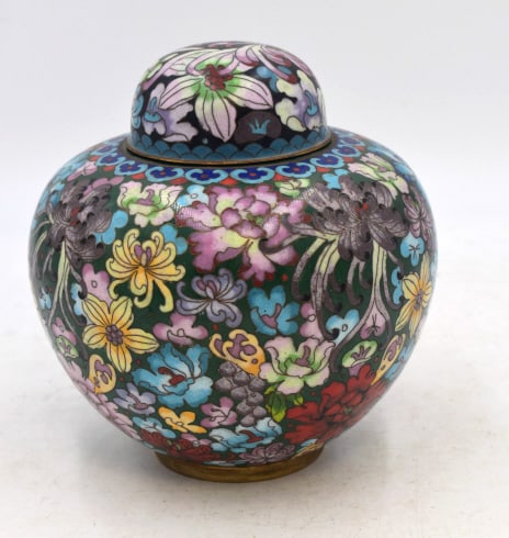 Asian Enameled Flower Jar: 7 inches tall by 6.25 inches wide, no damage, unmarked, please see photos.