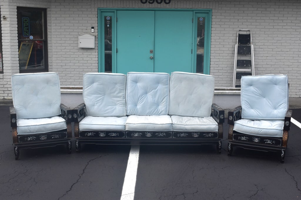 Chinoiserie Chinese Black Furniture Set: Chairs, 2 foot 5 wide by 3 ft 2 in tall, couch 6 foot 4 in wide by 2 ft 10 in deep, please see photos