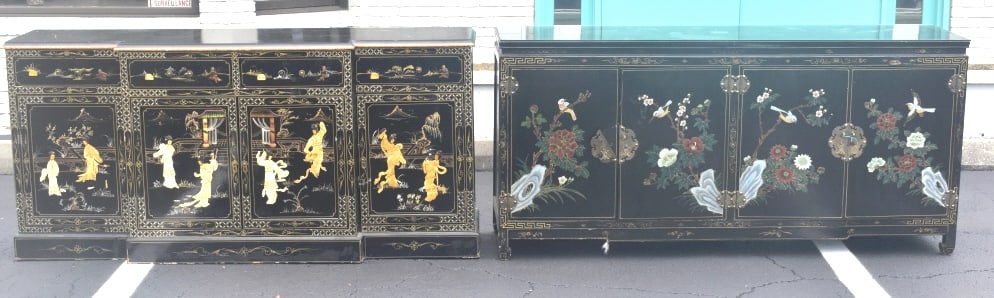 Pair Asian Lacquered Credenzas: Larger one measures 6 ft wide by 2 foot 11 in deep, As Is missing screws, please see photos