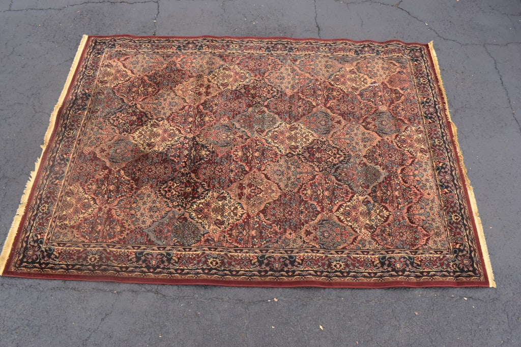Burgundy Rug: Measures 7 foot 7 inches by 11 foot, please see photos