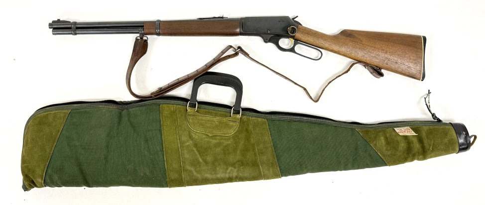 Marlin Firearms Model 336-44 Lever Action Rifle: 44 magnum, with saddle ring, with gold trigger, leather strap, see photos