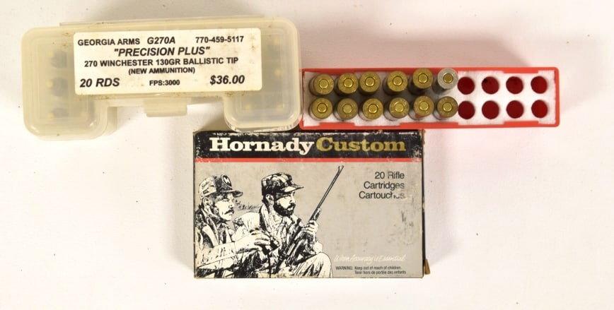 Lot of 57 Rounds of 270 Winchester Ammunition: 57 assorted rounds, 2 full new boxes, 1 partially full, new ammunition, please see photos