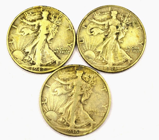 3 Liberty Standing Half Dollar Coins: As is coins, assorted years, regular circulation wear, please see photos.
