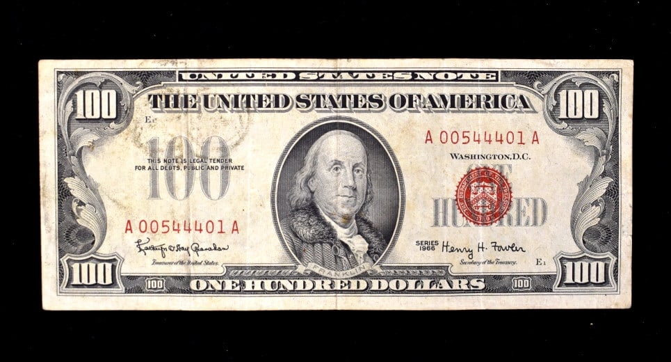 1966 Red Seal $100 US Bill: Regular use, red seal, please see photos.