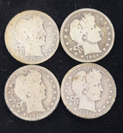 4 Barber Head Quarter Coins: 1892, 1894, and 1916 dates, 25c coins, use photos for grading