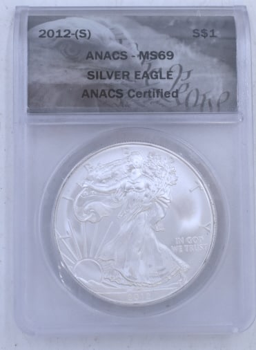2012 (S) American Silver Eagle Coin MS69: Graded MS69 American silver eagle coin from 2012, S$1 ANACS certified, see photos.