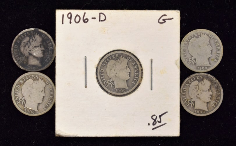 Lot of 5 Barber Dimes: Assorted dimes, one encased in paper flip case, raw coins, assorted years, circulated with regular wear, please see photos