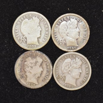 Lot of 4 Barber Dimes: Assorted dimes, raw coins, assorted years, circulated with regular wear, please see photos