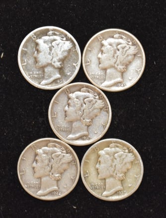 5 Mercury Dimes: Assorted dimes, raw coins, assorted years, circulated with regular wear, please see photos