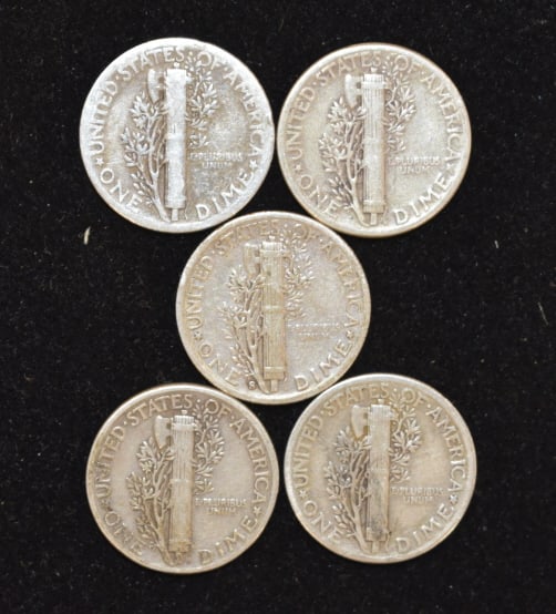 5 Mercury Dimes - 2