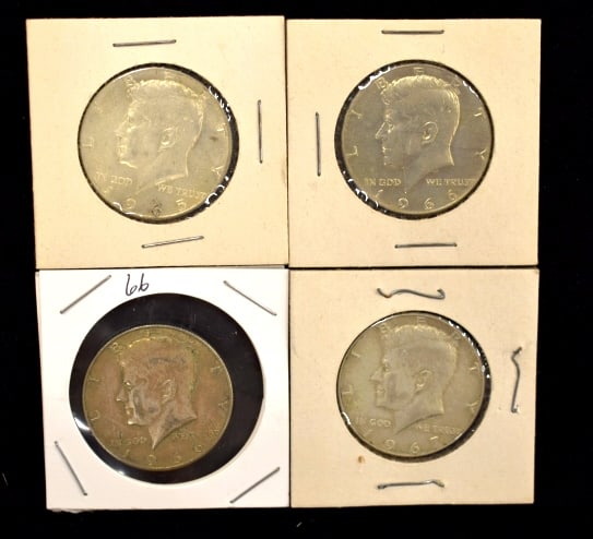 Lot of 4 Encased Kennedy Half Dollar Coins: 1965, (2) 1996, 1967, encased in flip cases, ungraded, circulated, please see photos.
