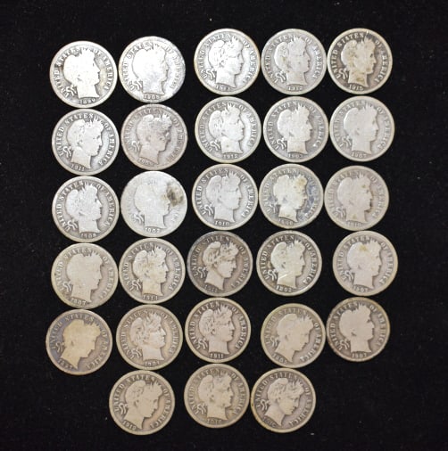 Lot of 28 Barber Dimes: Circulated raw dimes, regular wear, Assorted years and coins, please see photos