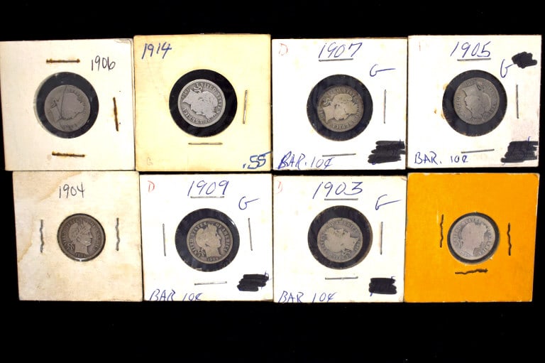 Lot of 8 Encased Barber Dimes: Ungraded coins, encased in paper flip cases, regular wear assorted years, please see photos.