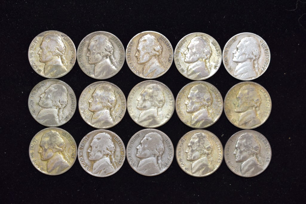 Lot of 15 Thomas Jefferson Nickels: Raw ungraded coins, assorted years, regular wear, circulated, please see photos.