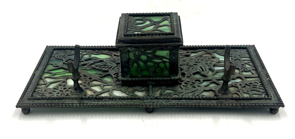 4-7/8x9-1/4 inches. Tiffany NY Studios Pine Needle Bronze and Slag Inkwell & Stand. See photos (1 of 3)
