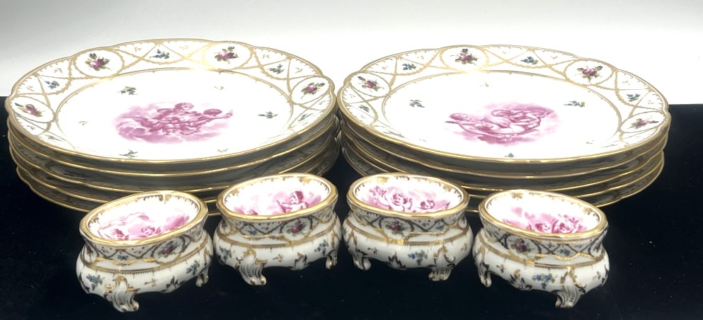 9-5/8x1 inches (Plates). 3-3/8x2-3/4 (small dishes). 10 plates and four oval footed salt cellars. (1 of 9)