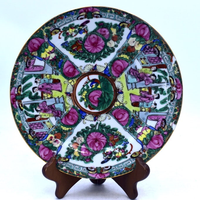 Imari Plate w/ Stand: 9 inches wide by .75 inches tall, repairs cracks across entire plate, stamped on bottom, please see photos.