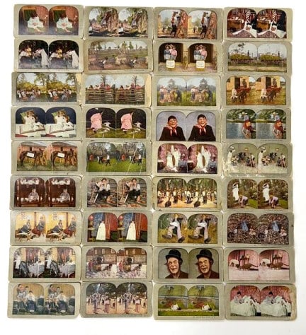 36 Assorted Colorized Stereograph Cards: Various topics, see photo