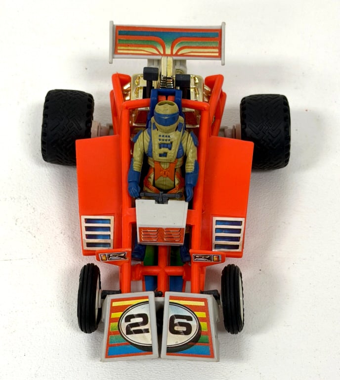 Kenner Parker Toy Stinger Car: MASK series, transforming Pontiac GTO tank vehicle with driver, Bruno Sheppard. See phoros