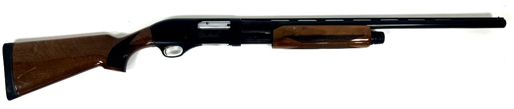 PA-08 12Ga Weatherby Shotgun: 46.25 inches overall length, 26 inch barrel length. Pump action, with slight wear, scuff marks, and peeling on buttstock. See photos