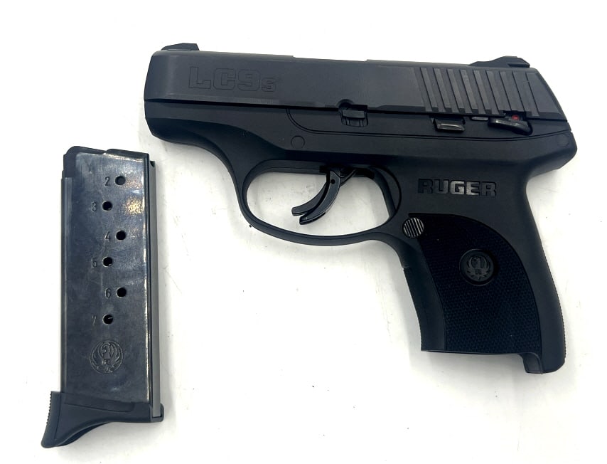Ruger LC9S 9MM Luger Pistol: 3.12 inches barrel length, black polymer grips, 7+1 rounds, finger grip extension floorplate. See photos