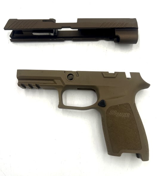 Sig Sauer M17/P320 Part Set: Slide assembly and Grip Module. Stripped components in Coyote tan color. See photos