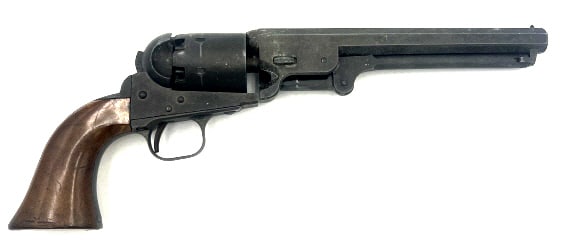 Black Powder Revolver: 19th century Colt design, octagonal arrel, loading lever, wooden grips. See photos