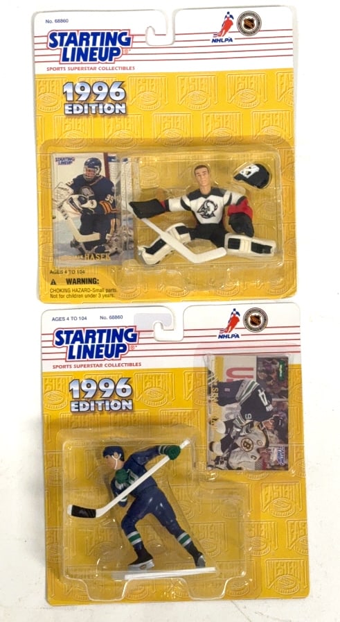 2- 1996 Kenner Starting Lineup NHL Figuries: Bubble and card sealed, includes Brendan Shanahan and Dominik Hasek, see photos