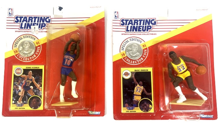 2- 1991 Kenner Starting Lineup NBA Figurines: Card, coin, and plastic are sealed. Includes Dennis Rodman and Magic Johnson