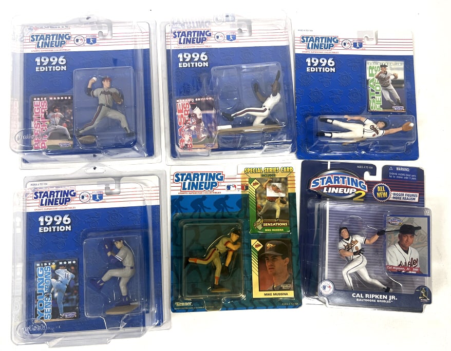 6 Asst Kenner Starting Lineup MLB Figurines: Cards and figures sealed. Includes Mike Mussina, Cal Ripken Jr, Greg Maddux, Marquis Grissom, and Hideo Nomo