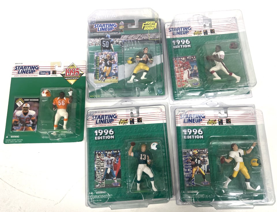 5 Asst Kenner Starting Lineup NFL Figurines: Cards & Figurines are sealed in original packaging. Includes Harry Nickerson, Dan Marino, Brett Favre, and Jerry Rice. See photos