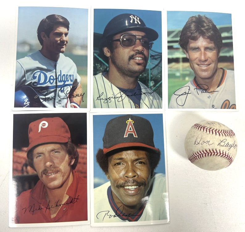 Signed MLB Baseball & 1981 Superstar Photo Cards: Baseball(Unauthenticated) signed by Don Baylor & Bob Murphy. Five 5x7 inches photo cards that include Rod Carew, Mike Schmidt, Steve Garvey, Reggie Jackson, and Jim Palmer