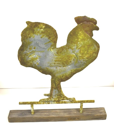 Rooster Weathervane Topper: 32x34 inches, made of sheet metal mounted on a wood stand. See photos