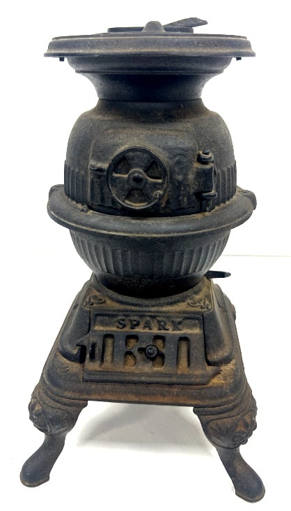 SPARK Miniature Cast Iron Stove: 8x14 inches, made in early 20th century, aged wear. See photos
