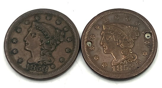2- 1853 Braided Hair Cents: One is holed. Use photo for grading