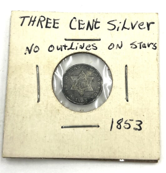 1853 Three Cent Silver Coin: Small star. Use photos for grading.