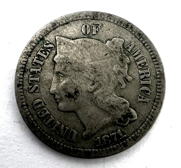 1871 Three Cent Nickel: Use photos for grading.