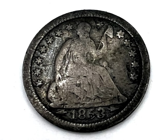 1853 Seated Liberty Half Dime: Arrows at date. Use photos for grading.