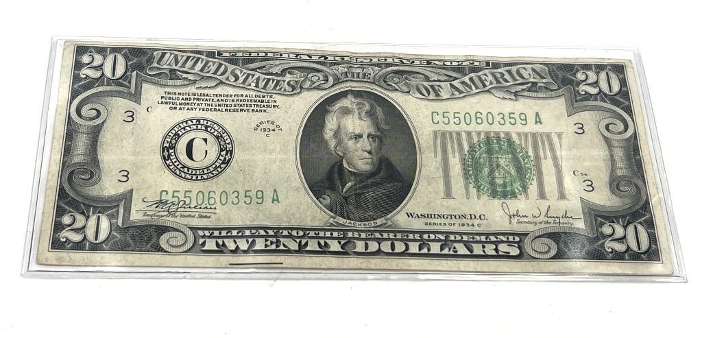 1934C Twenty Dollar Federal Reserve Note: $20 bill, in protective sleeve, use photos for grading.
