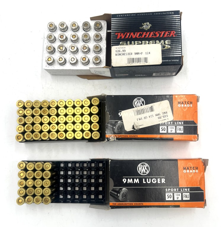 Assorted 9MM Luger Ammunition: Full box of Winchester Bonded 9mm Luger, Full box and partial (20 rounds) box of RWS 9mm Luger FMJ. See photos