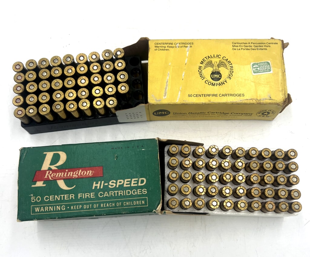 Asstd Vintage Handgun Ammunition: Full original box of Remington Hi-Speed 30 Carbine rounds and partial (45 rounds) original box of UMC 357 Magnum rounds. See photos