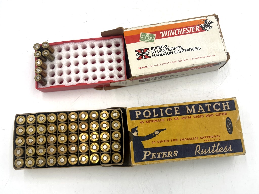 Asstd Vintage Handgun Ammunition: Full original box of Peters "Police Match" Rustless 45 Auto rounds and partial (8 rounds) original box of Super X 32 S&W Long rounds. See photos