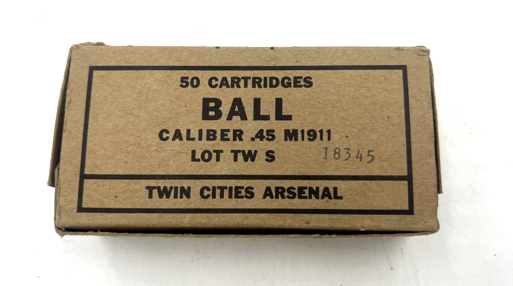 Twin Cities Arsenal .45 Ball Ammunition: 50 round original box of ball ammunition for M1911. See photos