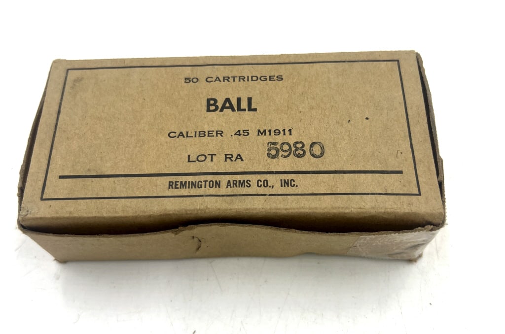 Remington .45 Ball Ammunition: 50 round original box of ball ammunition for M1911. See photos
